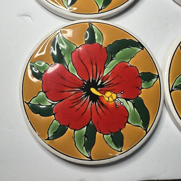 Tropical Flower Coasters, Hibiscus Coasters, Ceramic Coasters Colorful Floral - Picture 2 of 7